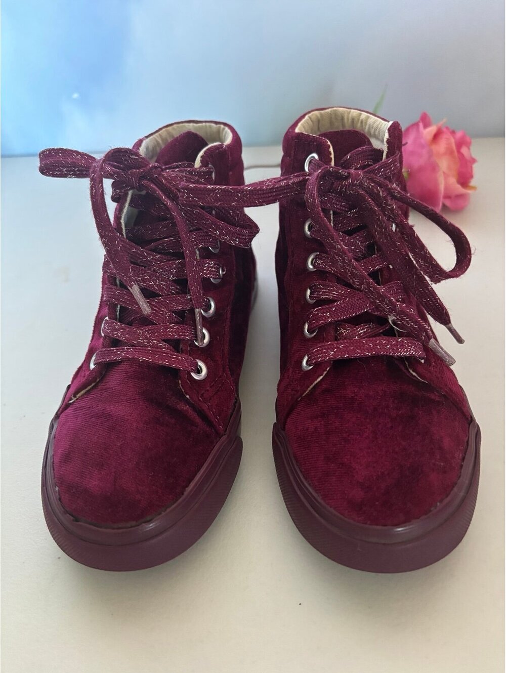 Burgundy Velvet High Top Sneakers with Glitter Laces